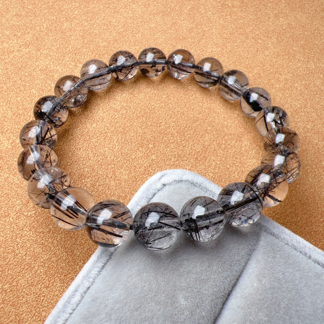 Natural Black Tourmalated Quartz Inclusion Crystal Bracelet with 9.4mm Beads | Men's Women's Healing Jewelry Remove Negativity