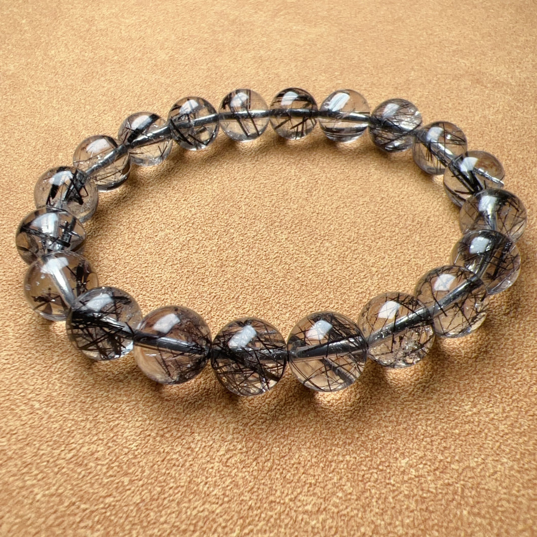 Natural Black Tourmalated Quartz Inclusion Crystal Bracelet with 9.5mm Beads | Men's Women's Healing Jewelry Remove Negativity