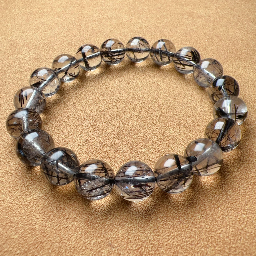 Natural Black Tourmalated Quartz Inclusion Crystal Bracelet with 10.7mm  | Men's Women's Healing Jewelry Remove Negativity
