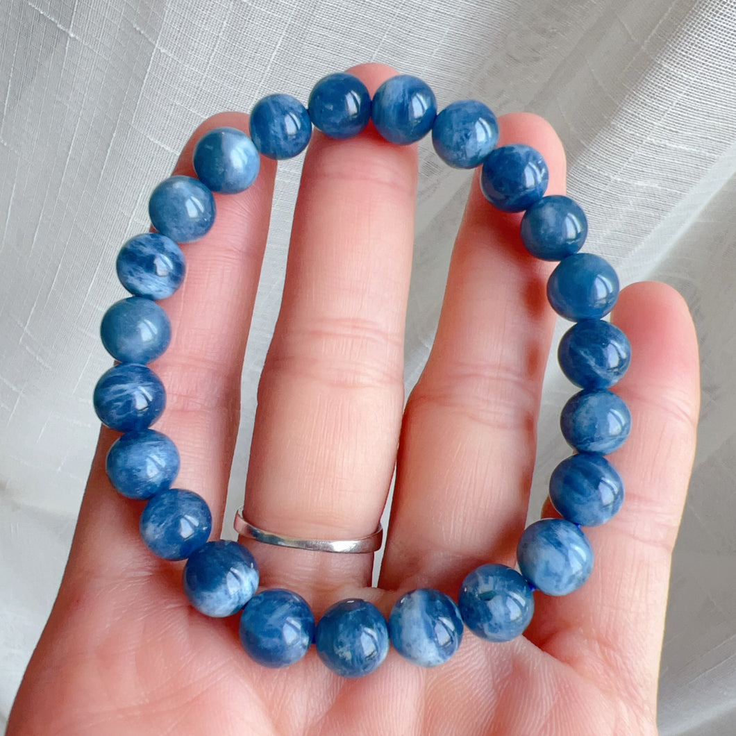 Rare Deep Sea Blue Aquamarine Bracelet 8.3mm Round Beads from Brazil Old Mine | March Birthstone Pisces