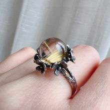 Load image into Gallery viewer, Cat-eye Plate-shaped Golded Rutilated Quartz Round Sphere Ring Handmade with 925 Sterling Silver
