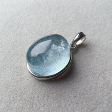 Load image into Gallery viewer, Natural Aquamarine with Black Mica Inclusion Cabochon Pendant Necklace | Throat Chakra Healing Crystal Jewelry
