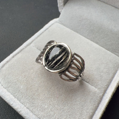 Top Clarity Black Tourmalated Ring Handmade with Vintage 925 Sterling Silver Adjustable Ring Band