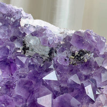 Load image into Gallery viewer, 530g Natural Amethyst Raw Stone Geode with Calcite and Black Crystal Inclusion
