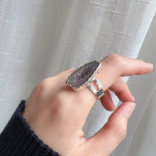 Load image into Gallery viewer, Super Rare Mini Grey Agate with Amethyst Inclusion Geode White Copper Ring Band | Handmade Adjustable Style | Gorgeous High Quality Brazilian Geode Ring for Attracting Wealth Prosperity
