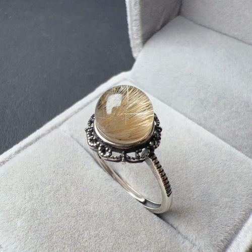 Top Clariry Cat Eye Golded Rutilated Quartz Round Ball Ring | Handmade with 925 Sterling Silver Adjustable Sizes