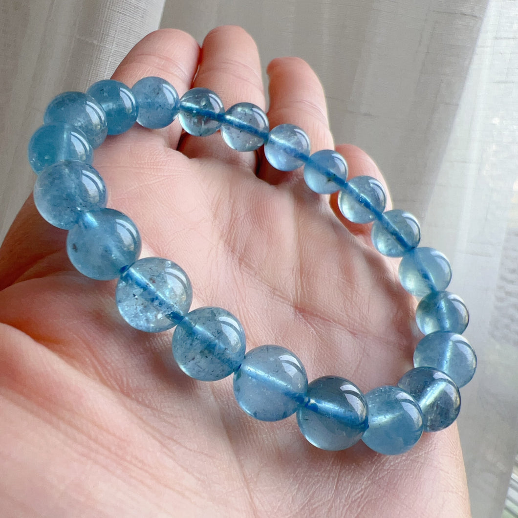 9mm Aquamarine Bracelet from Brazil Old Mine Crystal with Nice Sea Blue | March Birthstone Pisces