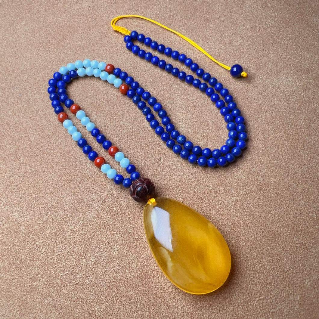 Genuine Gold Amber Pendant Necklace Beaded with Agate Turquoise Lapis Lauzli Rosewood | One of A Kind Handmade Jewelry Adjustable Style