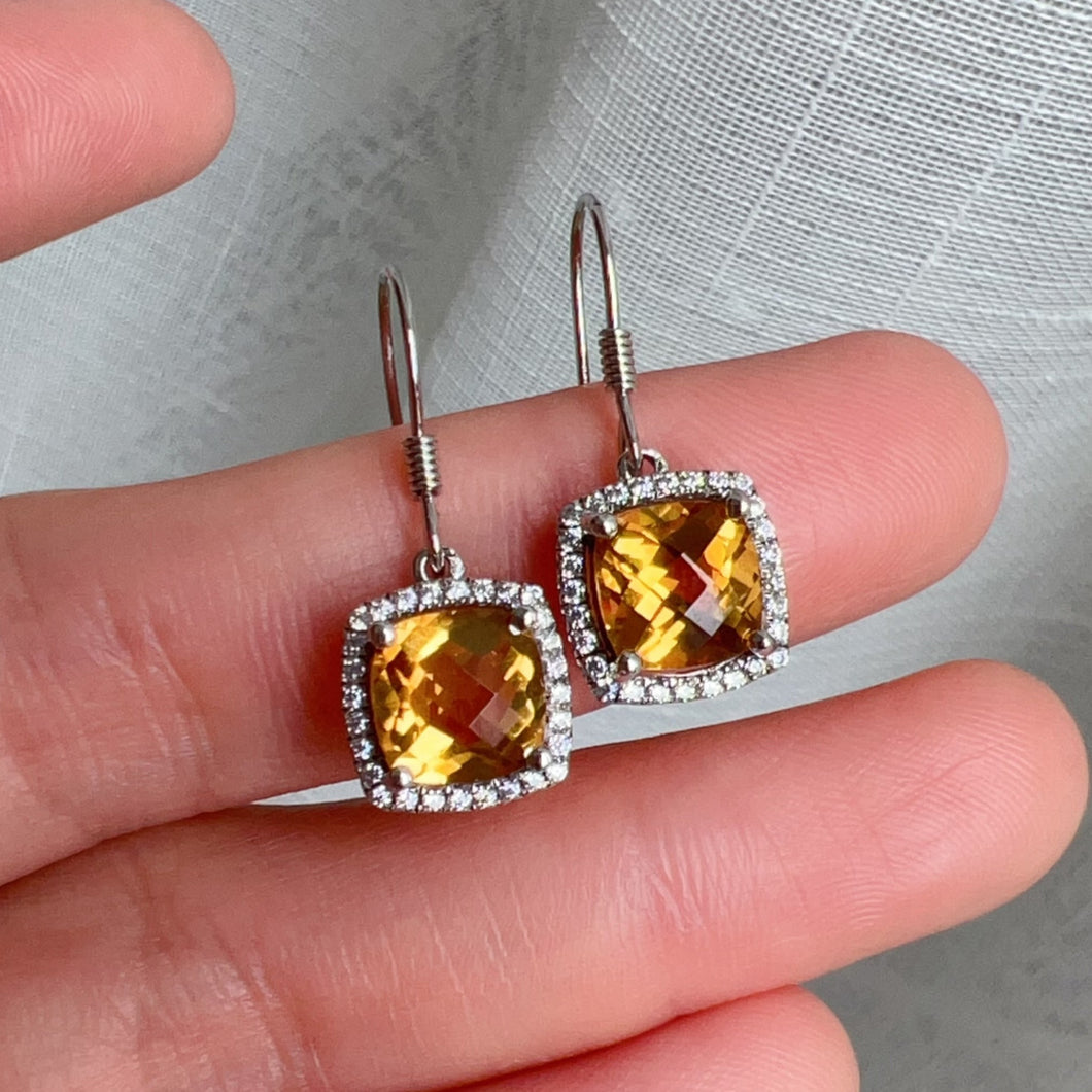 Top-grade Square Cut Citrine Earring Hocks Handmade with 925 Sterling Silver & CZ Stones | One of a Kind Fashion Jewelry