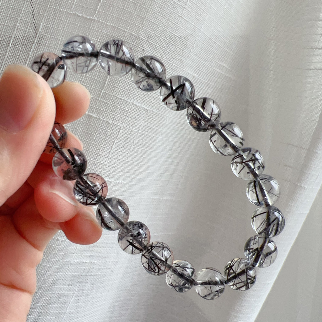 Natural Black Tourmalated Quartz Inclusion Crystal Bracelet with 9mm | Men's Women's Healing Jewelry Remove Negativity