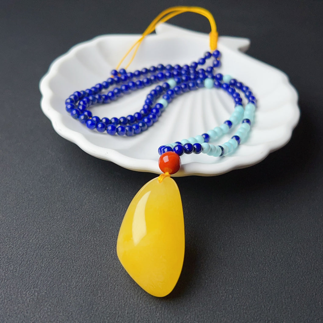 Genuine Amber Pendant Necklace Beaded with Lapis Nanhong Agate Turquoise | One of A Kind Jewelry Adjustable Style