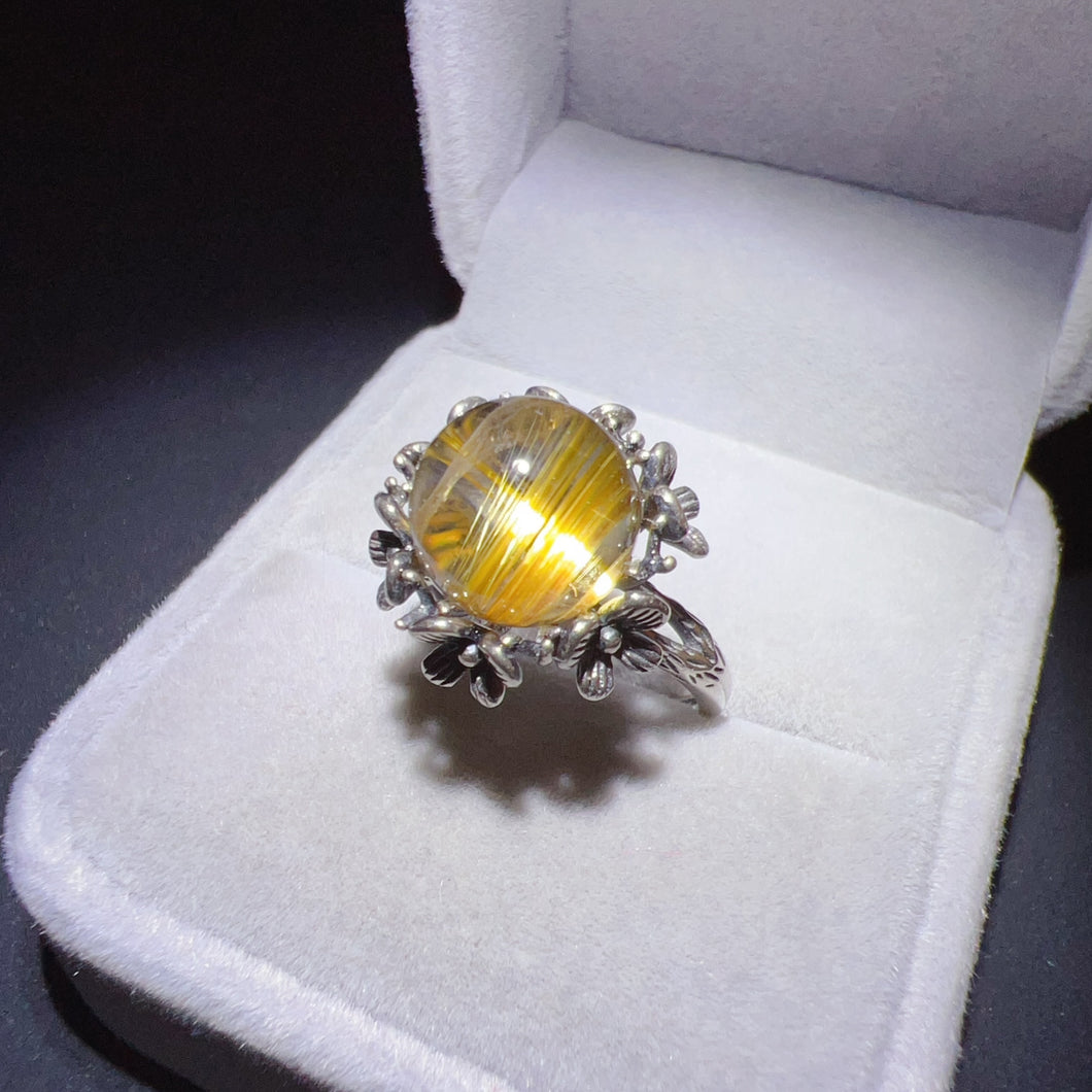 Cat-eye Plate-shaped Golded Rutilated Quartz Round Sphere Ring Handmade with 925 Sterling Silver