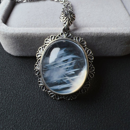One and Only Super Rare Blue Needle Clear Quartz Large Pendant Necklace | Angel's Feathers | High Vibration Frequency Crown Chakra Healing