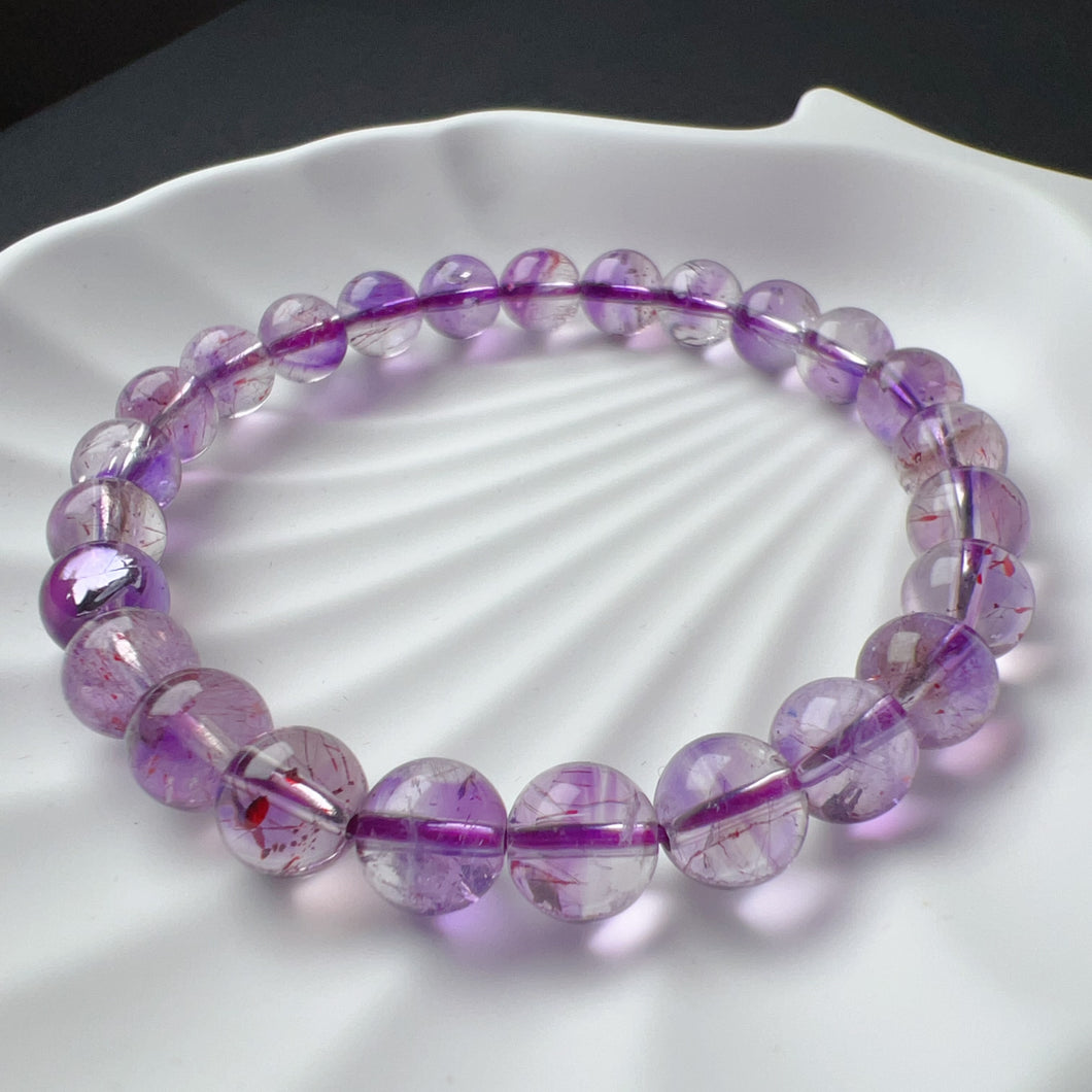 Natural Rare Lepidocrocite in Amethyst Smoky Bracelet in 7.8mm Beads - Purple Super Seven Crystal