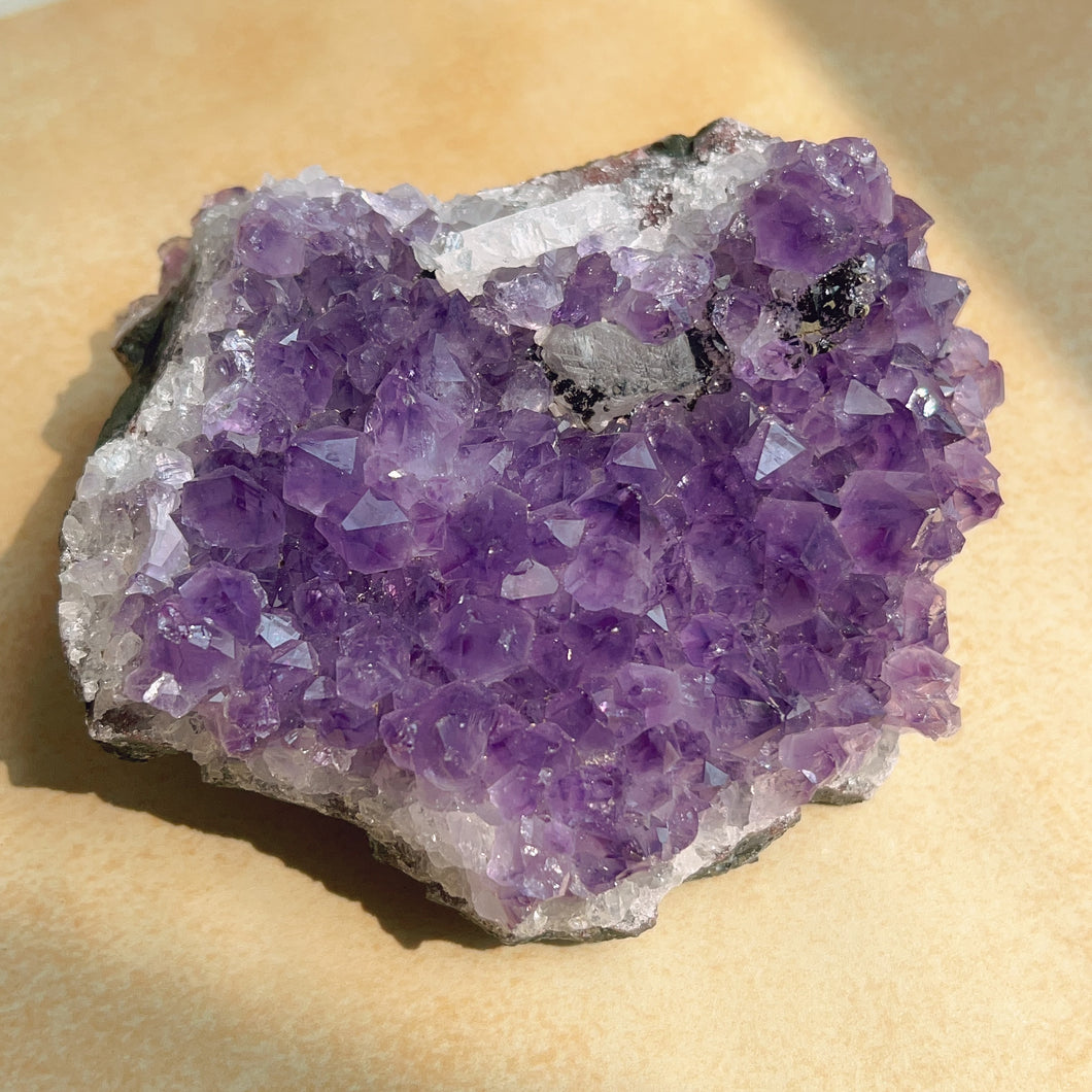 530g Natural Amethyst Raw Stone Geode with Calcite and Black Crystal Inclusion
