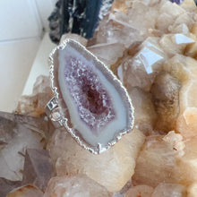 Load image into Gallery viewer, Super Rare Mini Grey Agate with Amethyst Inclusion Geode White Copper Ring Band | Handmade Adjustable Style | Gorgeous High Quality Brazilian Geode Ring for Attracting Wealth Prosperity
