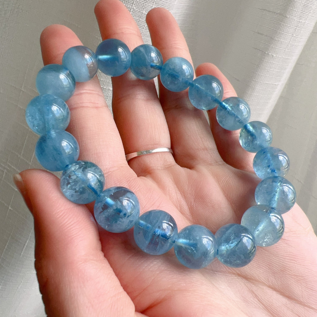 11.7mm Aquamarine Bracelet from Brazil Old Mine Crystal with Nice Sea Blue | March Birthstone Pisces