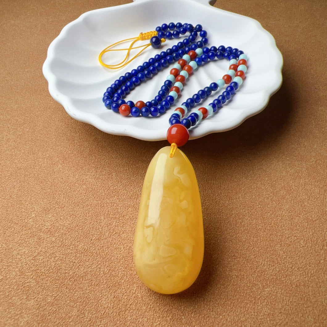 Genuine High-grade Amber Pendant Necklace Beaded with Agate Turquoise Lapis | One of A Kind Handmade Jewelry Adjustable Style