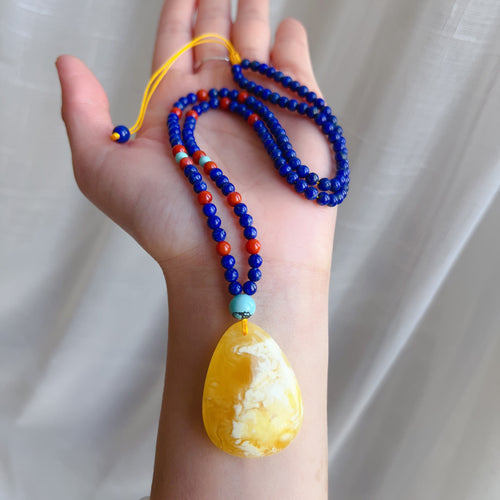 Genuine High-grade Amber Pendant Necklace Beaded with Agate Turquoise Lapis Lauzli | One of A Kind Handmade Jewelry Adjustable Style