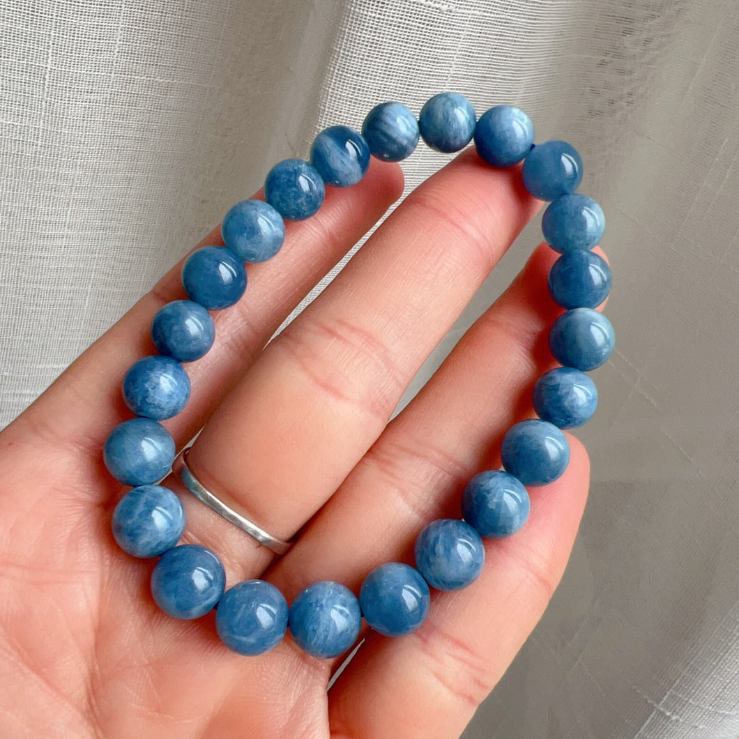 Rare Deep Sea Blue Aquamarine Bracelet 8.2mm Round Beads from Brazil Old Mine | March Birthstone Pisces