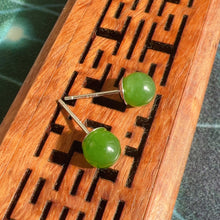 Load image into Gallery viewer, High-quality 6mm Green Nephrite Jade Stud Earrings | Handmade with 925 Sterling Silver Holder
