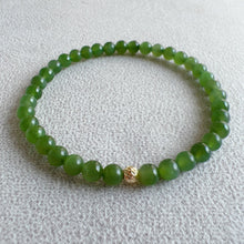 Load image into Gallery viewer,  Apple Green Nephrite Jade Bracelet 5mm Beads with 18K Yellow Gold Faceted Bead | Natural Heart Chakra Healing Stone Jewelry
