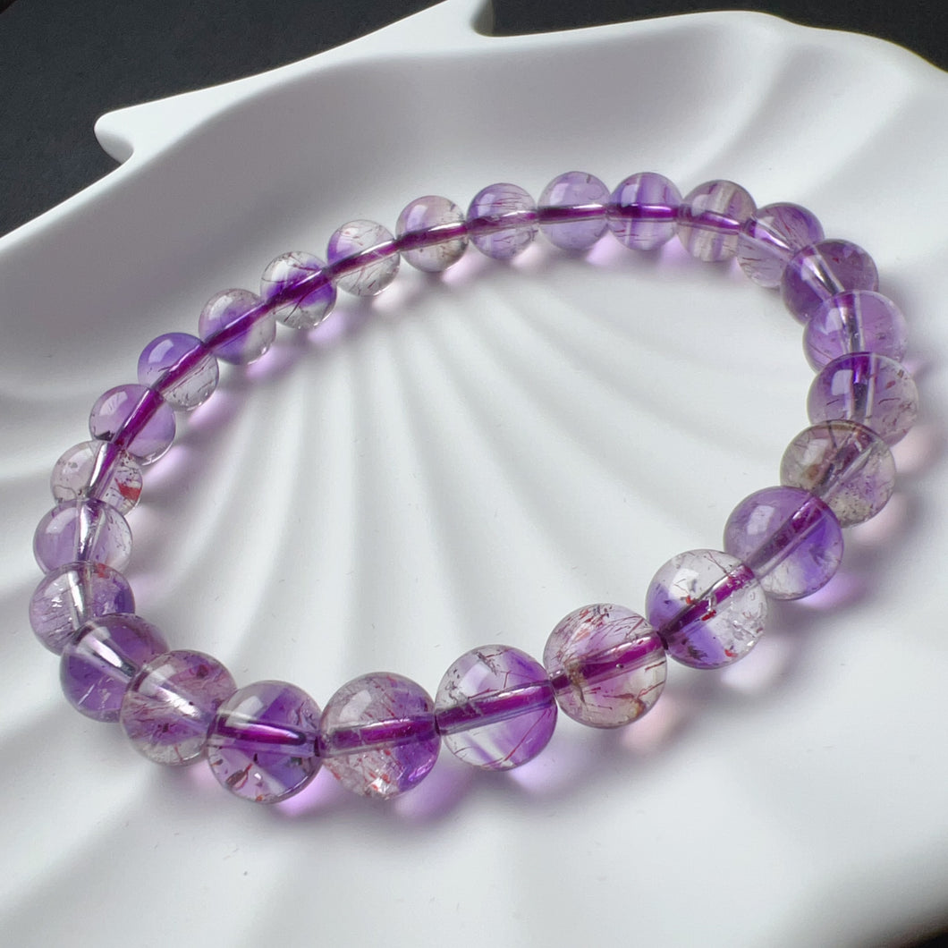 Natural Rare Lepidocrocite in Amethyst & Smoky Quartz Bracelet in 8.2mm Beads - Purple Super Seven Crystal