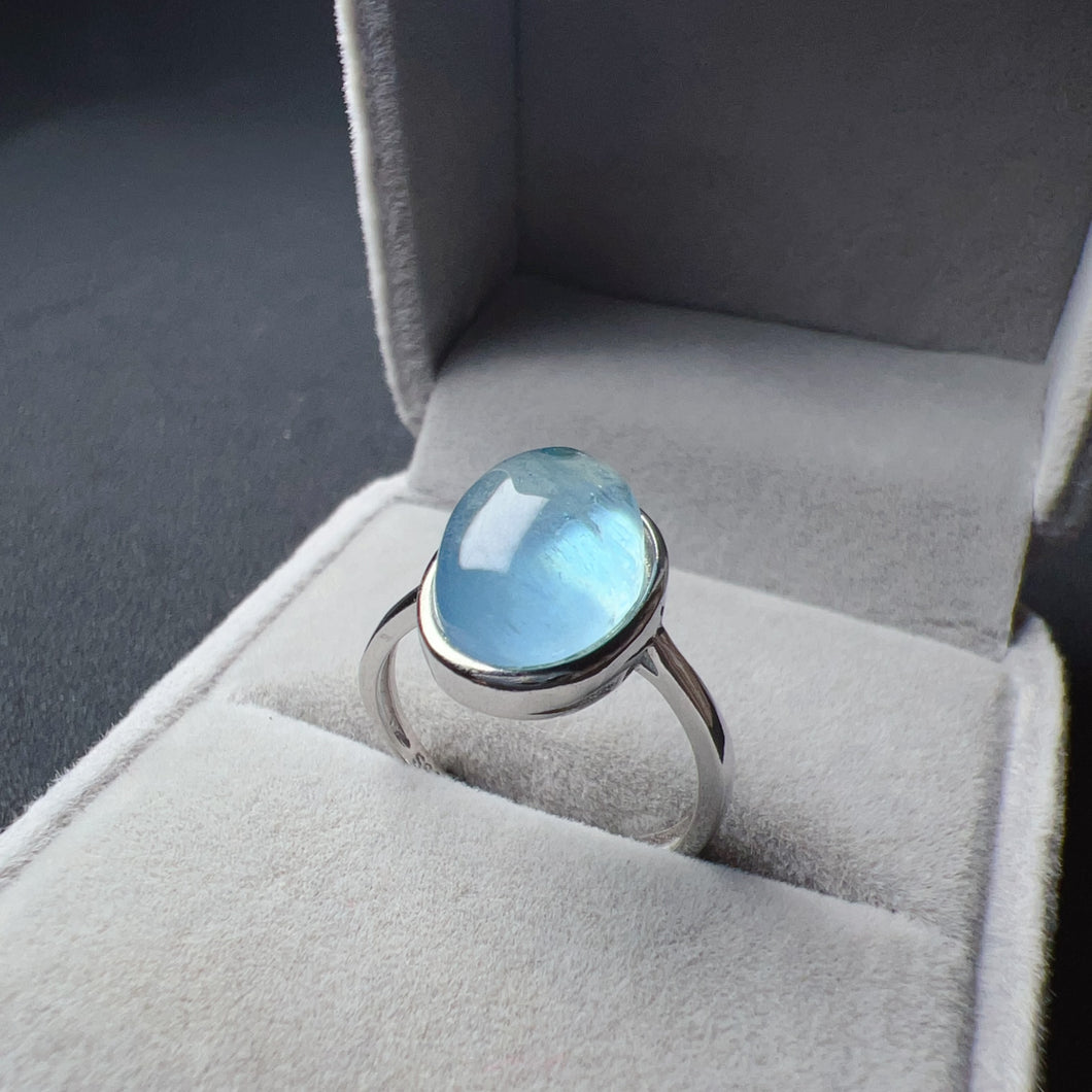 High Quality Sea Blue Aquamarine Ring Handmade with 8.5x11.7mm Cabochon 925 Sterling Silver Simple Adjustable Ring