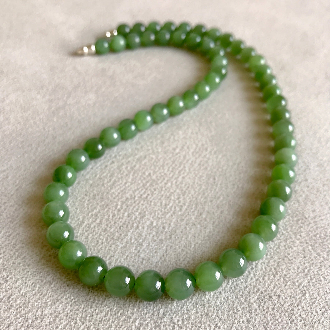Beautiful Emerald Green Nephrite Jade Beaded Necklace with 925 Sterling Silver Clasp | Natural Heart Chakra Healing Stone Jewelry