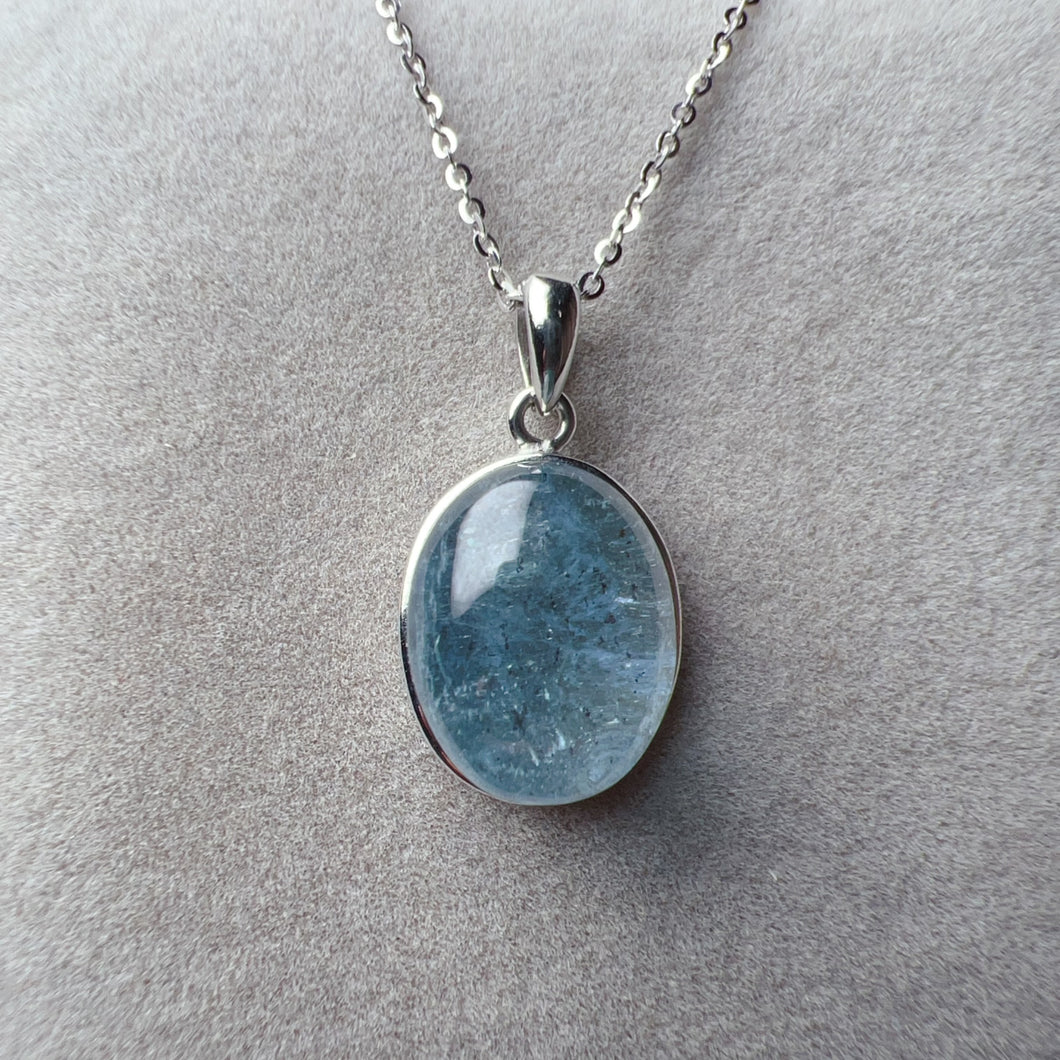Natural Aquamarine with Black Mica Inclusion Cabochon Pendant Necklace | Throat Chakra Healing Crystal Jewelry
