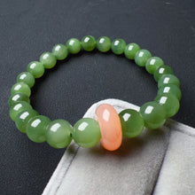 Load image into Gallery viewer, 8mm Top-quality Emerald Green Nephrite Jade Beaded Bracelet with Yanyuan Agate Donut Charm
