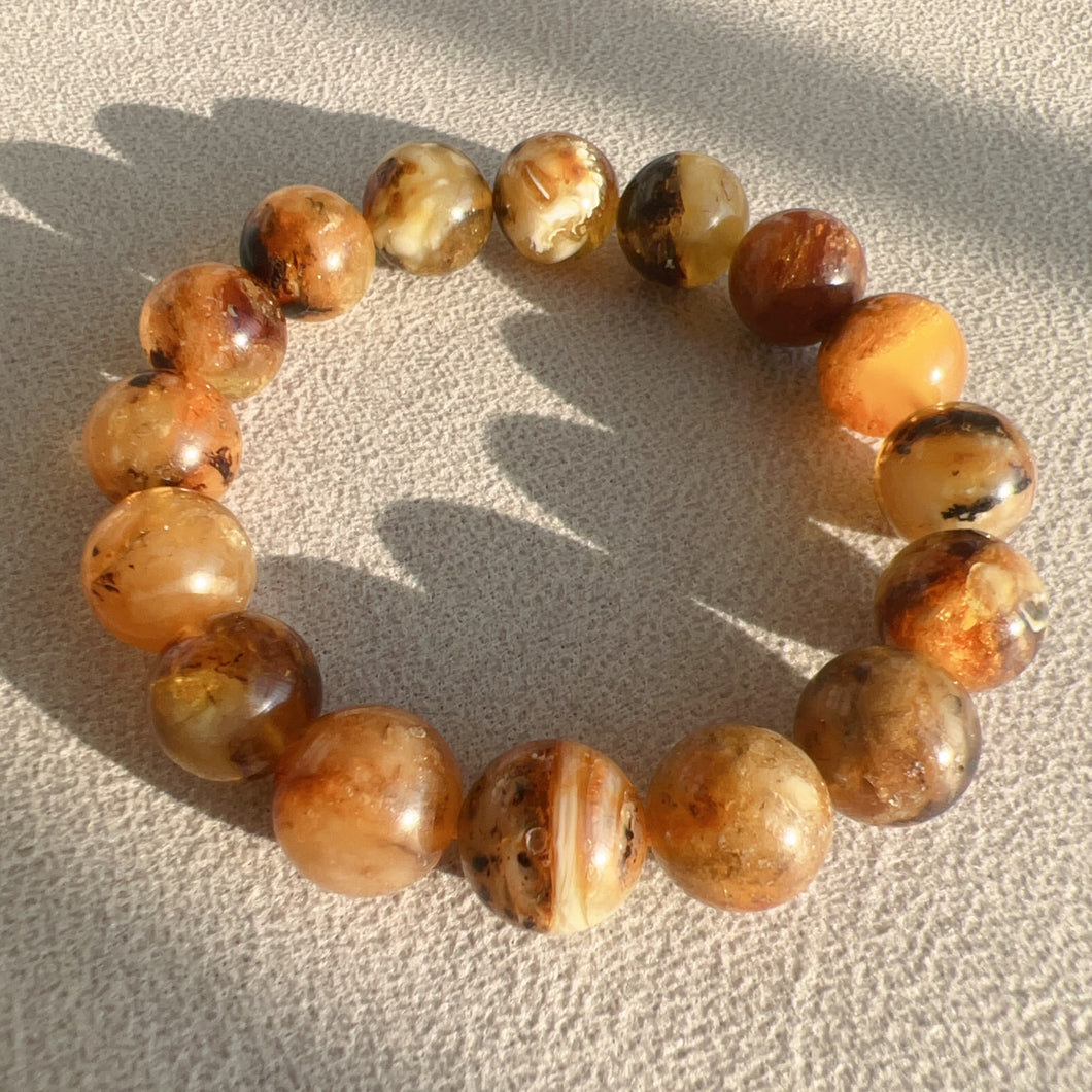 12.5mm Genuine Medicine with White Amber Inclusion Bracelet | Lucky Stone of Aries Gemini Leo Virgo | One of A Kind Jewelry