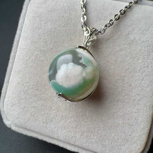 17.5mm Rarest Green Cherry Blossom Agate Sphere Pendant Necklace Heart Chakra Healing Stone Jewelry