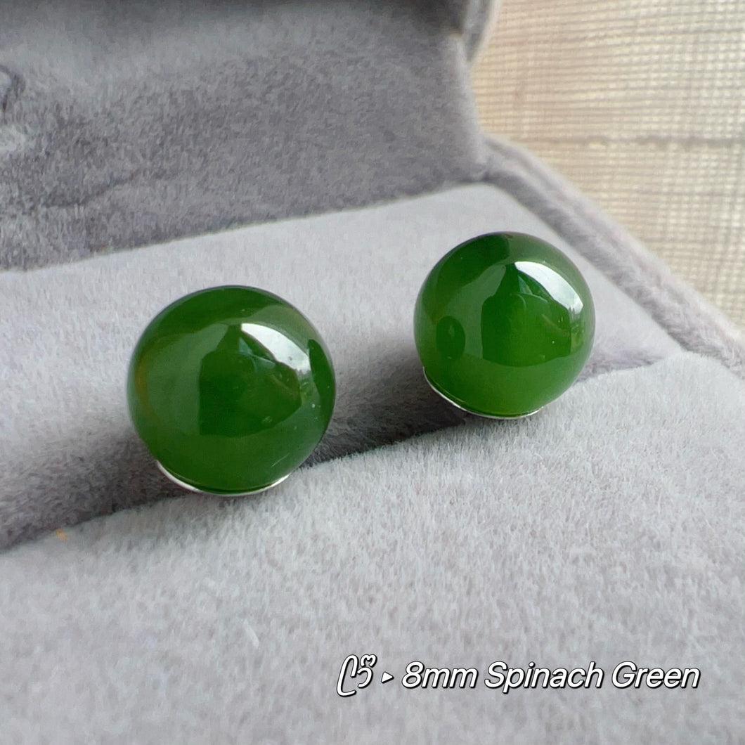 High-quality 8mm Green Nephrite Jade Stud Earrings | Handmade with 925 Sterling Silver Holder