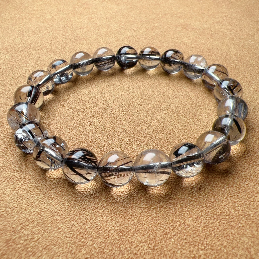 Natural Black Tourmalated Quartz Inclusion Crystal Bracelet with 9.2mm | Men's Women's Healing Jewelry Remove Negativity
