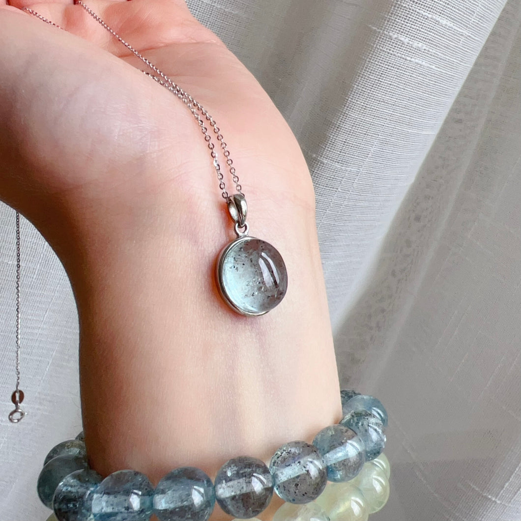Natural Aquamarine with Sparkling Mica Inclusion Cabochon Pendant Necklace | Throat Chakra Healing Crystal Jewelry