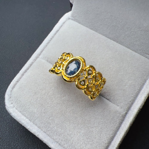 Handmade Natural Blue Sapphire Gemstone Ring with Zirconia and Brass