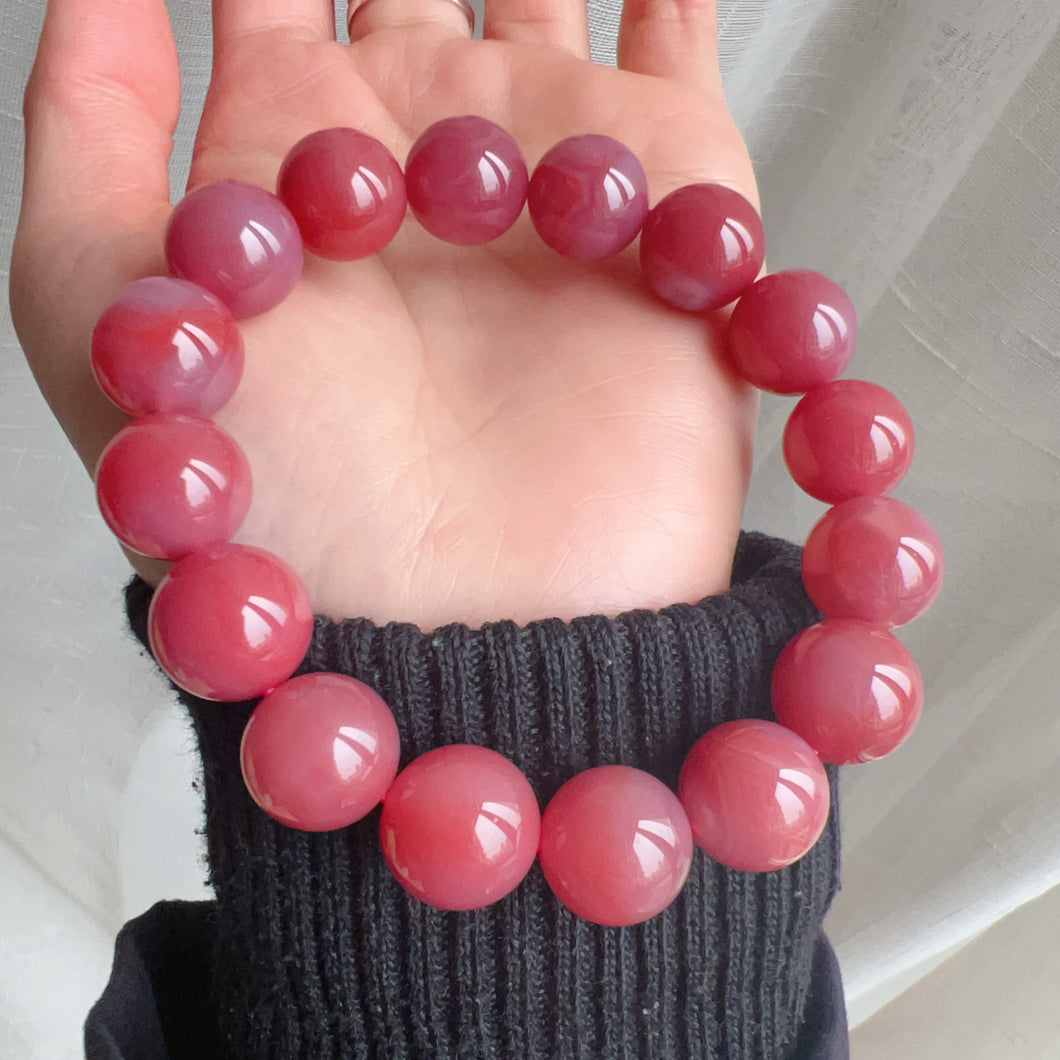 Rare Large 13.8mm Purple Red Natural Yanyuan Agate Bracelet Heart Chakra Healing Jewelry Stone of Strength