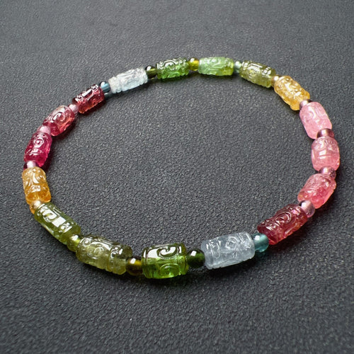 Hand-carved Huiwen Symbol High-grade Rainbow Tourmaline Bracelet | Natural Heart Chakra Healing Crystal