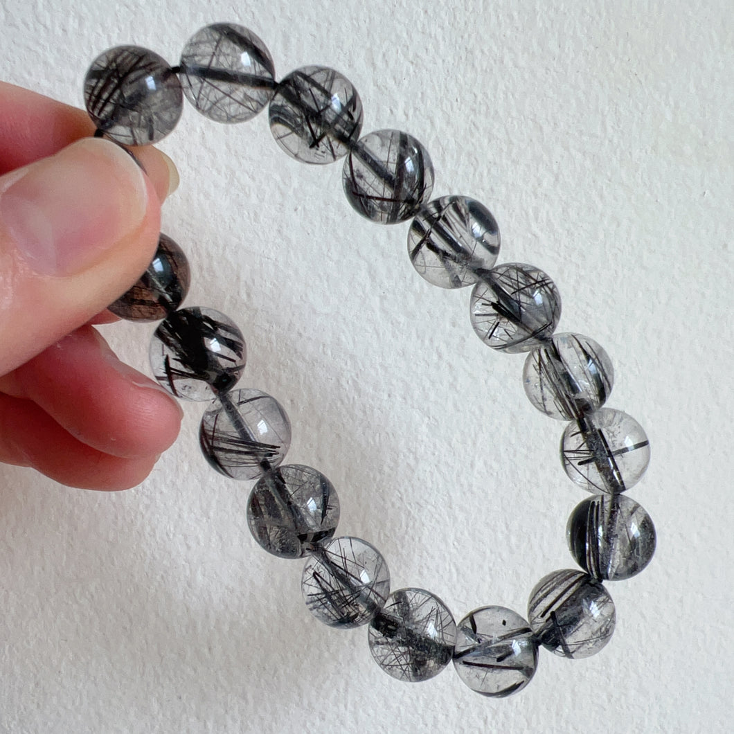 11.6mm Natural Black Tourmalated Quartz Inclusion Crystal Bracelet | Men's Women's Healing Jewelry Remove Negativity