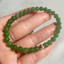 Load image into Gallery viewer, Best Color Green Nephrite Jade Bracelet with 18K Yellow Gold Cat Eye Bead | Natural Heart Chakra Healing Stone Jewelry
