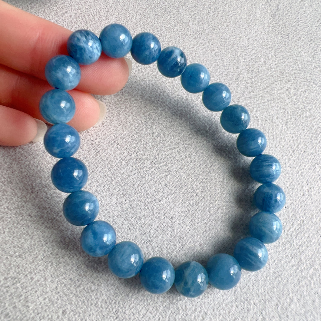 Rare Deep Sea Blue Aquamarine Bracelet 8.5mm Round Beads from Brazil Old Mine | March Birthstone Pisces