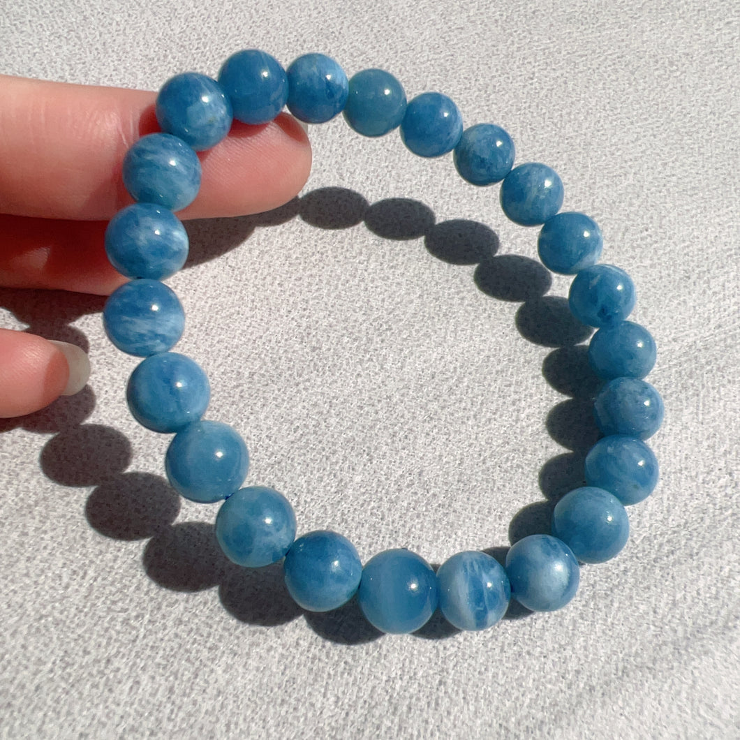 Rare Deep Sea Blue Aquamarine Bracelet 8.1mm Round Beads from Brazil Old Mine | March Birthstone Pisces