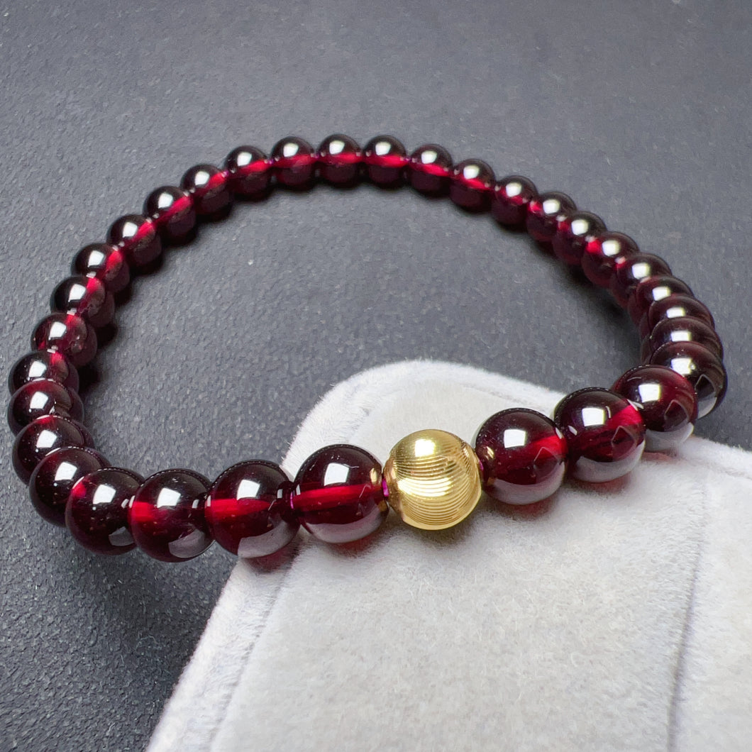 6mm Protection Red Garnet Bracelet with 18K Yellow Gold | Root Chakra Healing Stone Jewelry