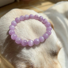 Load image into Gallery viewer, 10mm Kunzite Crystal Bracelet with Cat Eye Effect | Soft Color of Lavender and Pink | Crown Heart Chakra Healing

