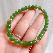 Load image into Gallery viewer, Best Color Green Nephrite Jade 6mm Bracelet with 18K Yellow Gold Beads | Natural Heart Chakra Healing Stone Jewelry
