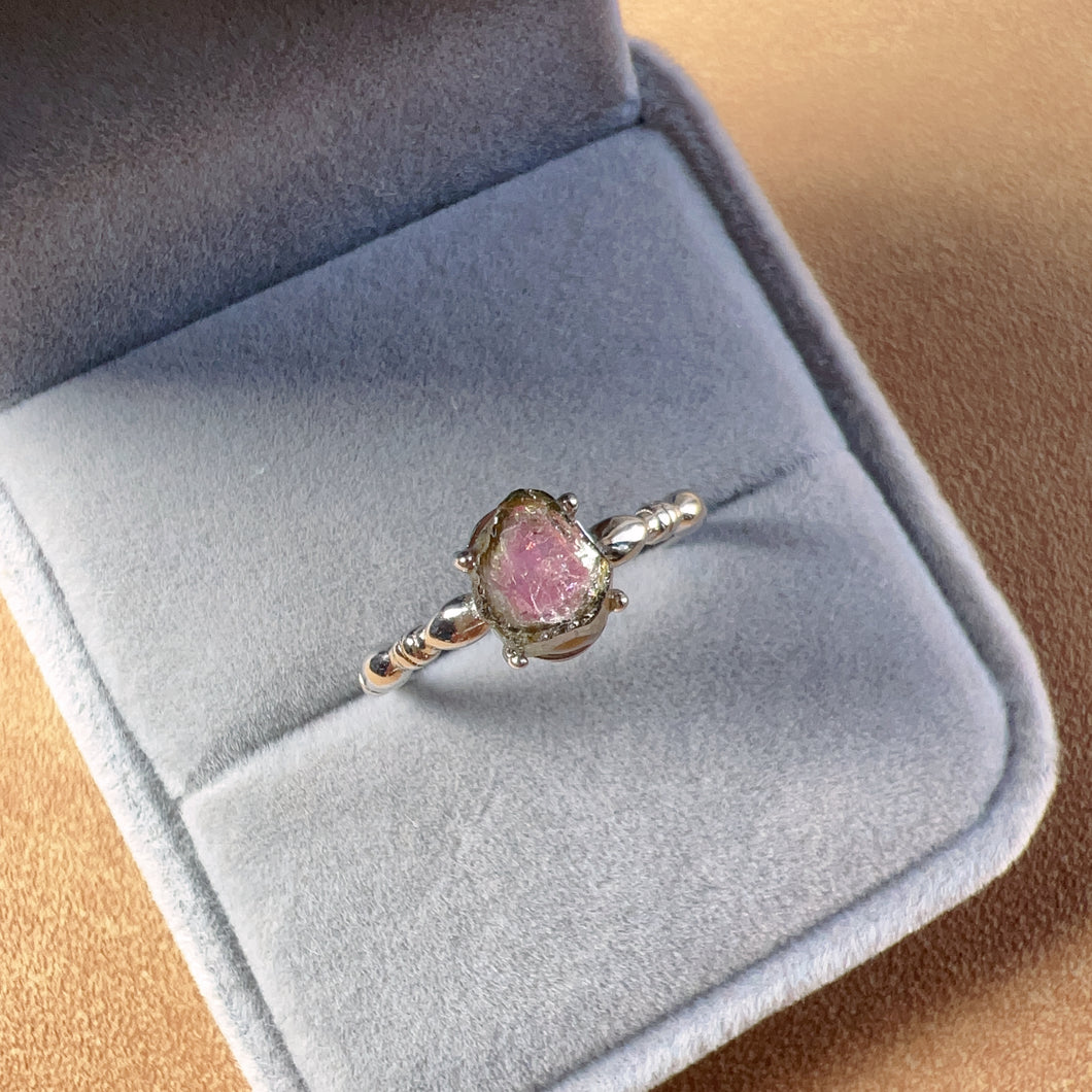 Natural Watermelon Tourmaline Small Raw Stone Ring with 925 Sterling Silver Prong Setting