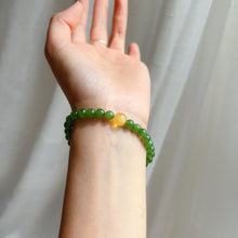 Load image into Gallery viewer, Best Apple Green Color - 6mm Green Nephrite Jade Beaded Bracelet with Amber Healing Stone
