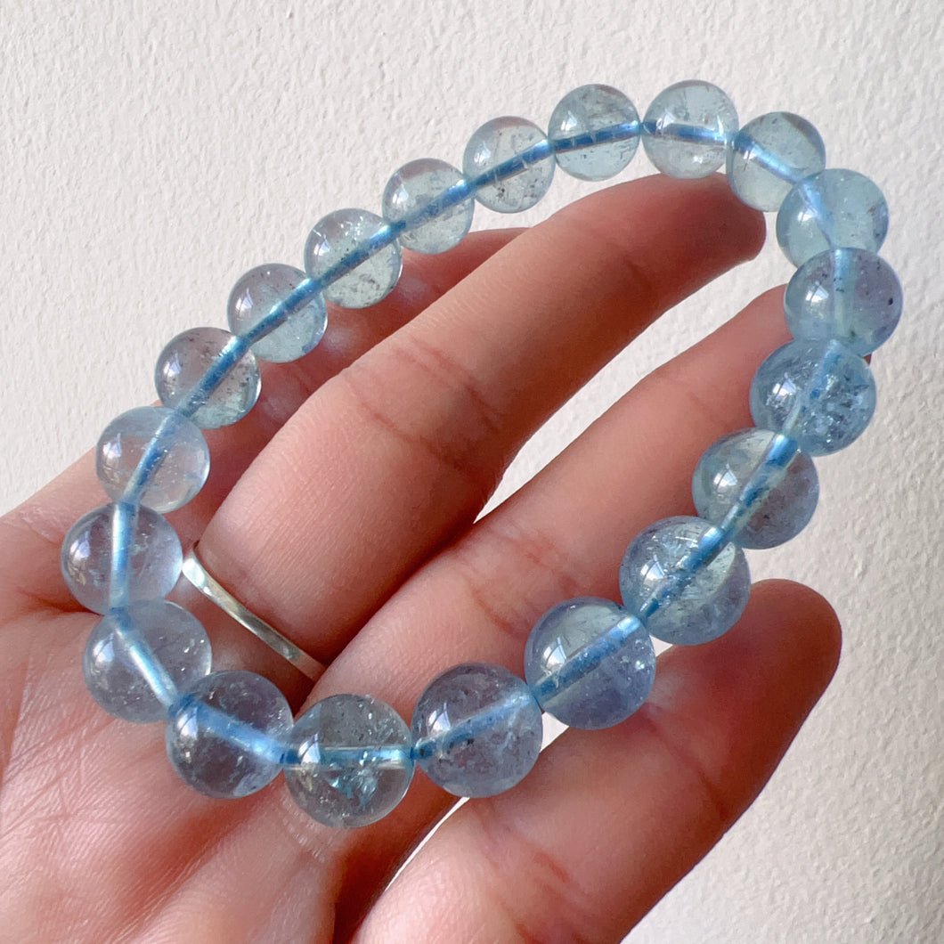 Very Nice Clarity 9.9mm Aquamarine Crystal Bracelet from Brazil Old Mine | Throat Chakra Healing March Birthstone