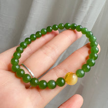 Load image into Gallery viewer, Best Color Green Nephrite Jade Bracelet with Amber Bead | Natural Heart Chakra Healing Stone Jewelry
